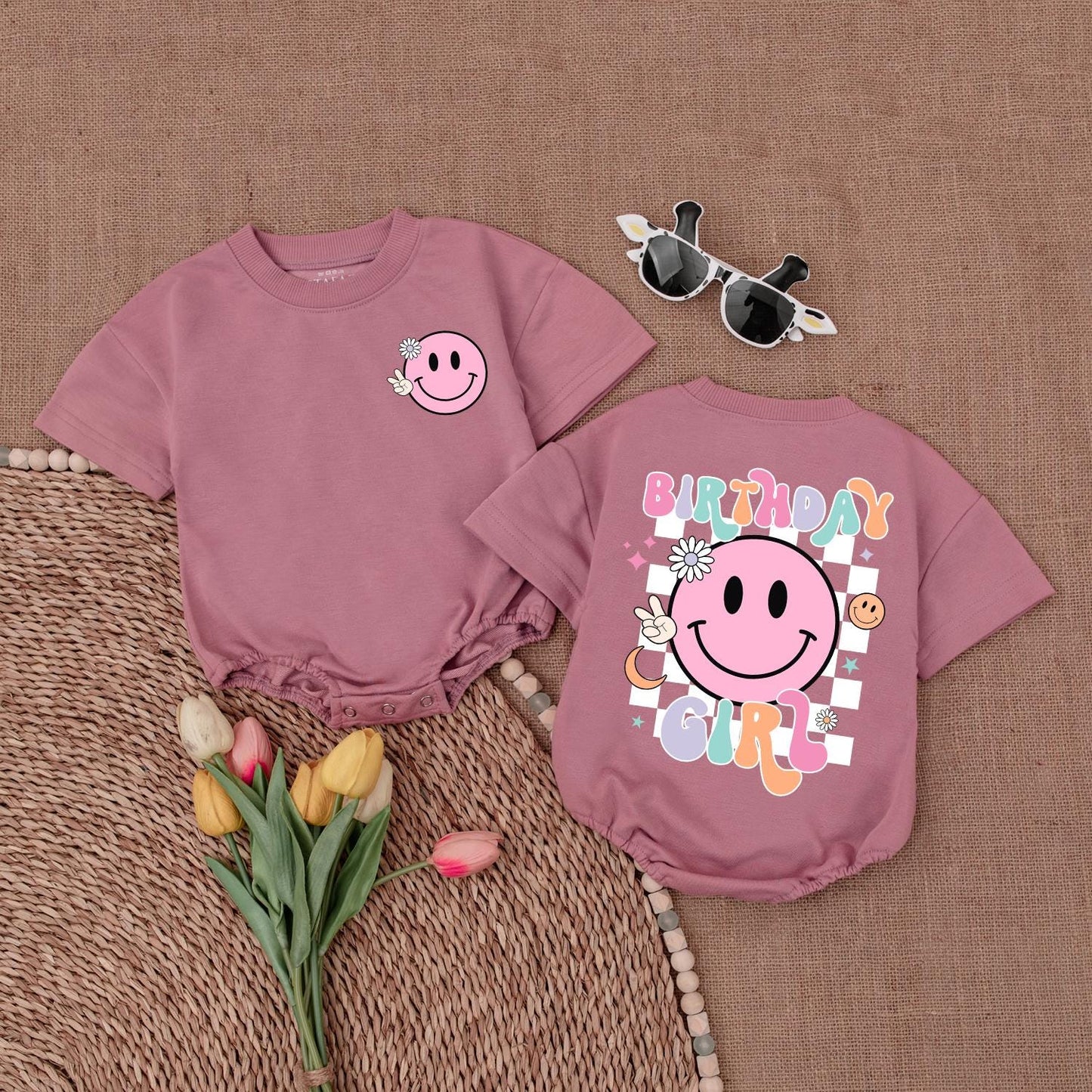 Birthday Girl Smiley Face Romper 1st Birthday Outfit Retro Fun Design Baby Girl Clothes Happy Birthday Girl Bodysuit Gift