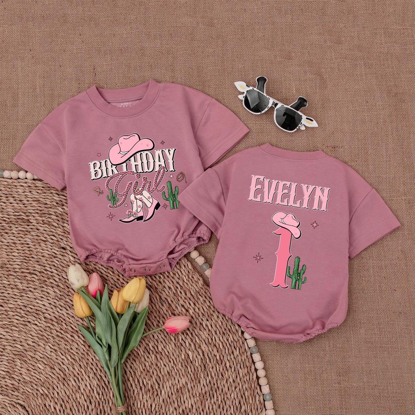 Birthday Girl Western Romper Cute Pink Cowboy Boots Cactus Stars Personalized First Rodeo Outfit