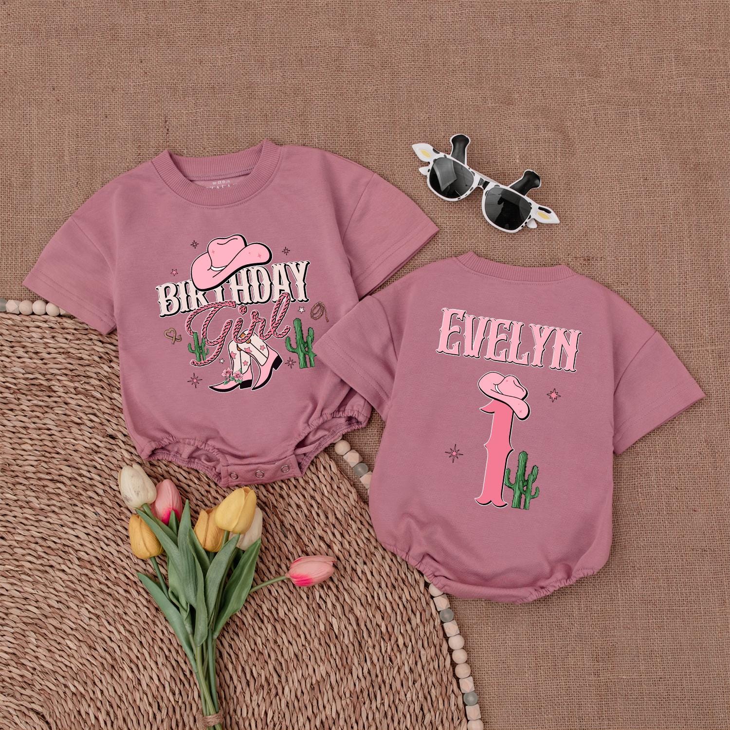 Birthday Girl Western Romper Cute Pink Cowboy Boots Cactus Stars Personalized First Rodeo Outfit