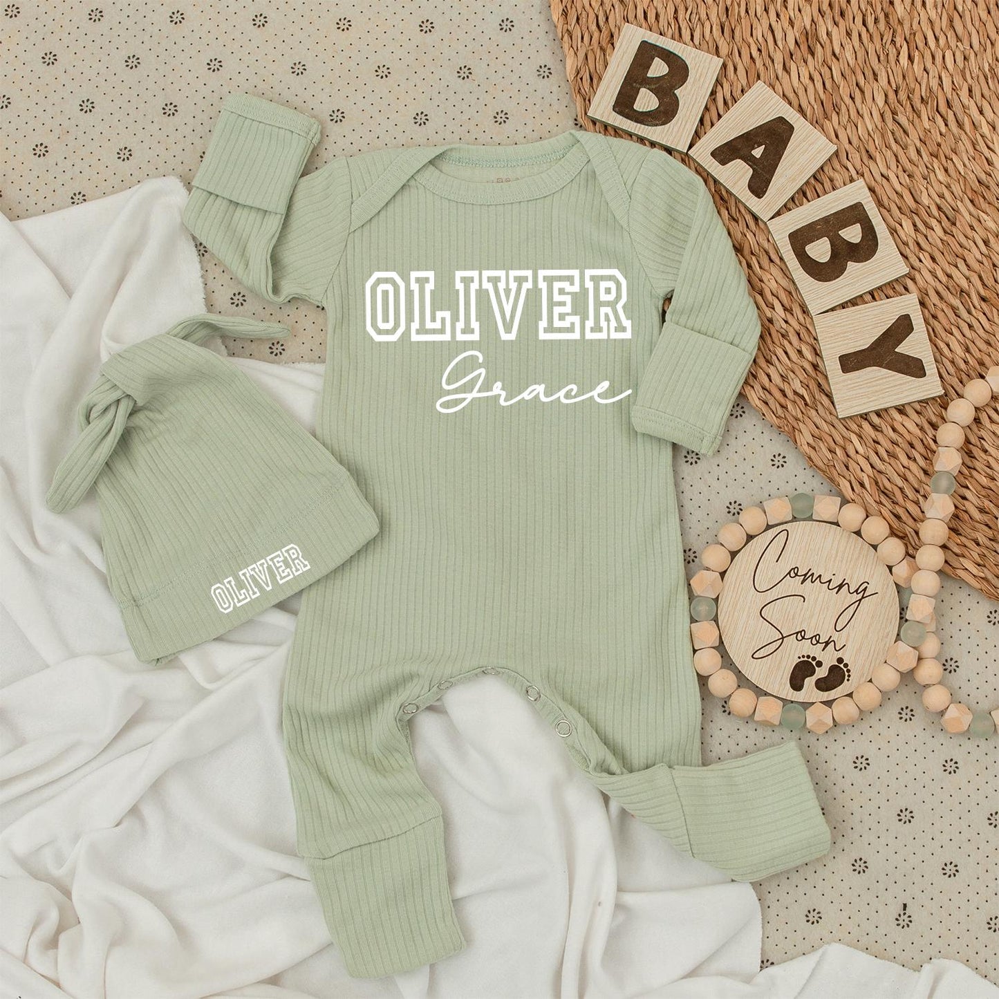 Personalized Modern First Middle Name Baby Bodysuit and Hat Set with Bold Black Text Design Newborn Shower Gift Long Sleeve Romper Infant Outfit
