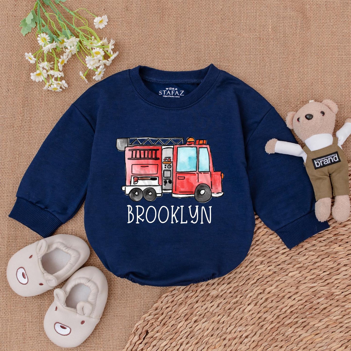 Custom Firetruck Name Romper Baby Bodysuit First Birthday Firefighter Outfit Newborn Shower Gift