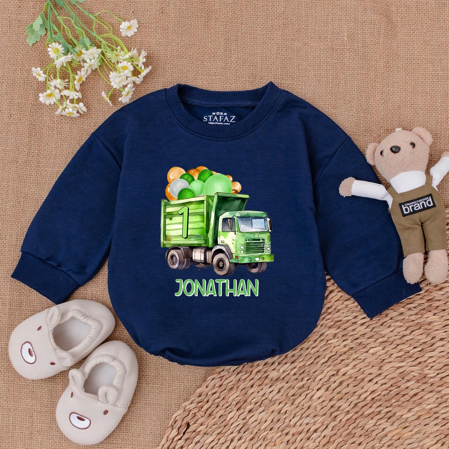 Personalized Garbage Truck Baby Romper - Truck Driver Outfit Newborn Bodysuit for Baby Boy - Trash Truck Gift, Baby Shower