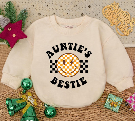 Auntie's Bestie Romper: Retro Checkerboard Smiley Face Newborn Outfit, Fun Baby Clothes Gift from Aunt, Pregnancy Announcement, Cute Auntie Baby Shirt (139 chars)