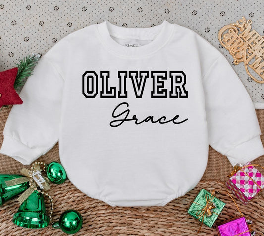 Personalized Oliver & Grace Baby Bodysuit and Hat Set, Modern Newborn Outfit, Custom Name Gift, Black and White Going Home Clothes, Baby Shower Present 139
