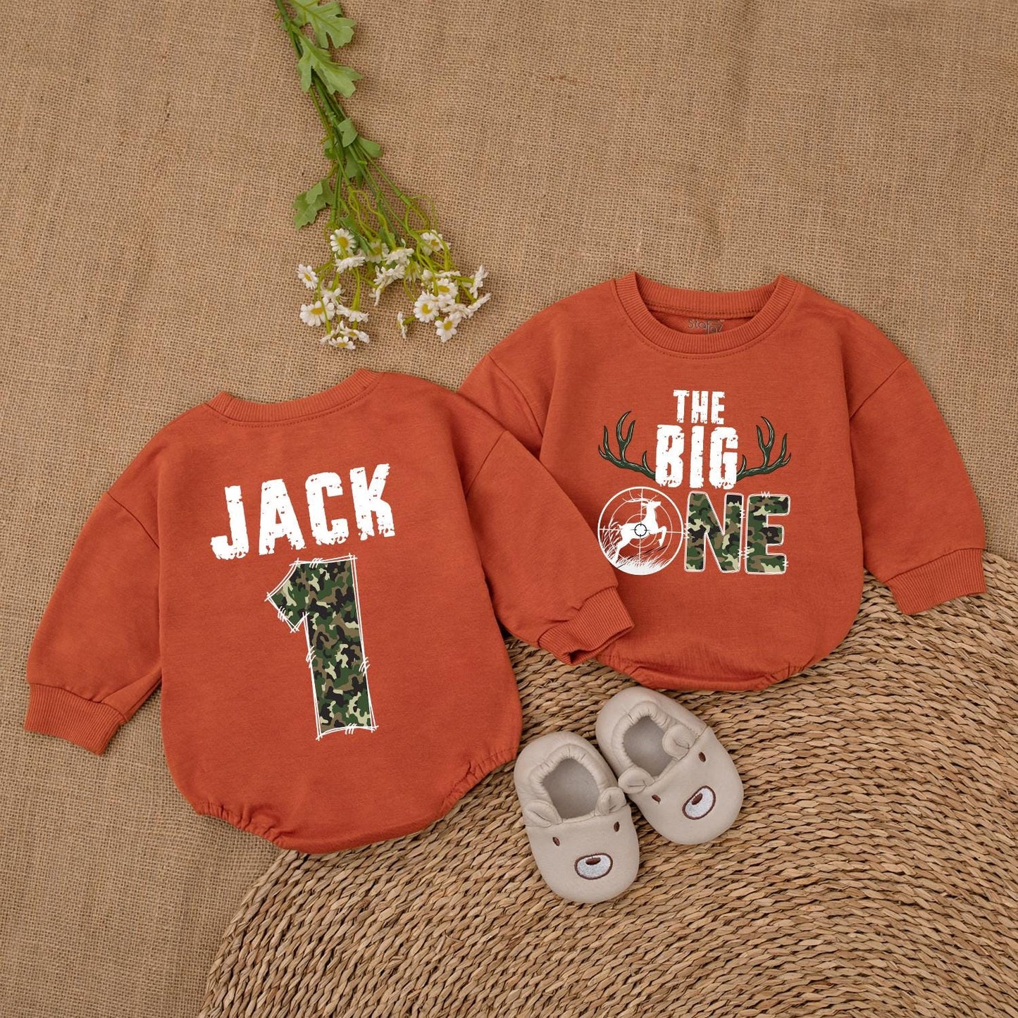 The Big One Hunting Birthday Romper Boys Deer Hunting Baby Bodysuit First Birthday Outfit Wild One 1st Birthday Boys Cotton Comfortable Outdoor Adventure Gift