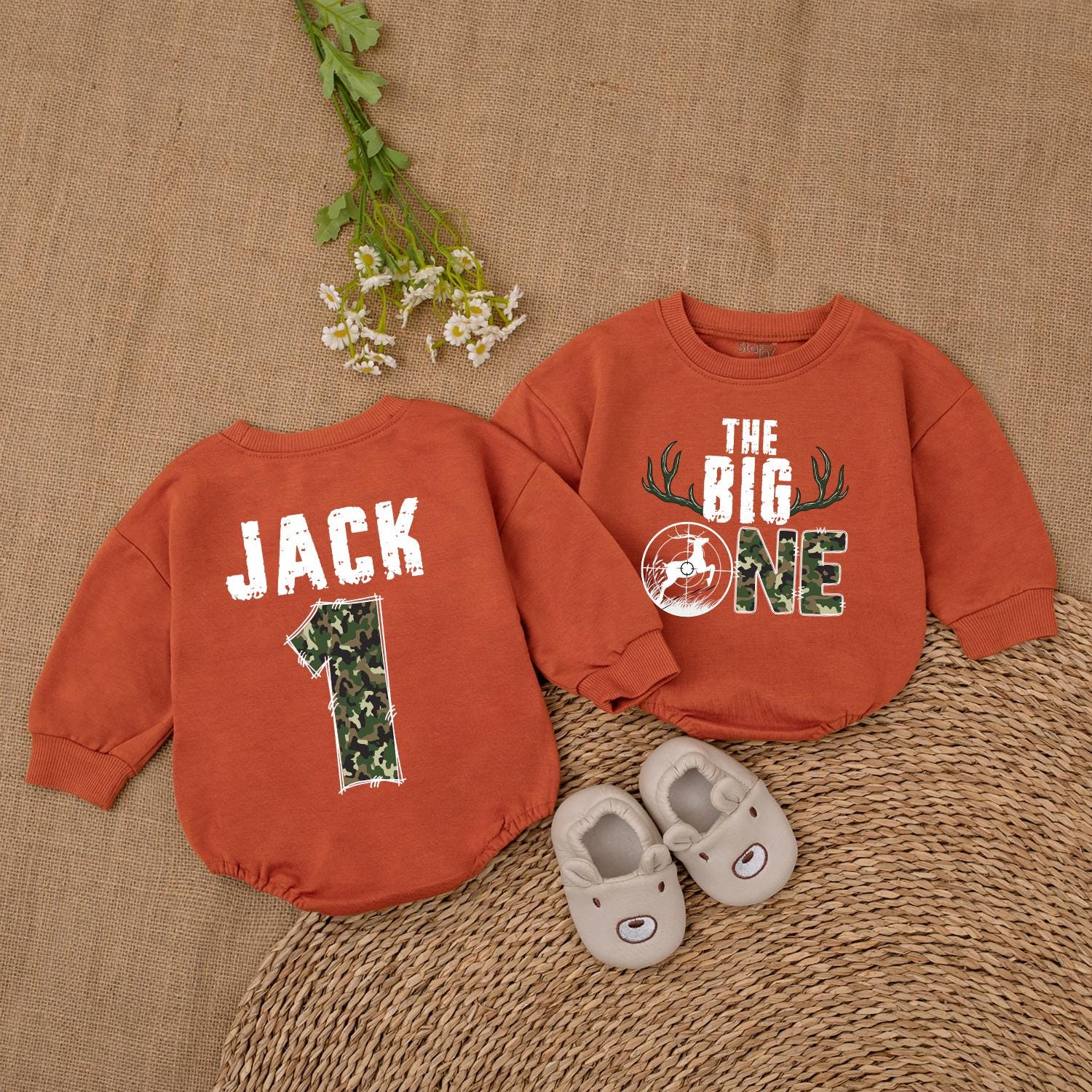 The Big One Hunting Birthday Romper Boys Deer Hunting Baby Bodysuit First Birthday Outfit Wild One 1st Birthday Boys Cotton Comfortable Outdoor Adventure Gift