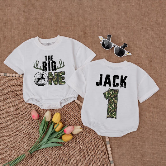 The Big One Hunting Birthday Romper Boys Deer Hunting Baby Bodysuit First Birthday Outfit Wild One 1st Birthday Boys Cotton Comfortable Outdoor Adventure Gift