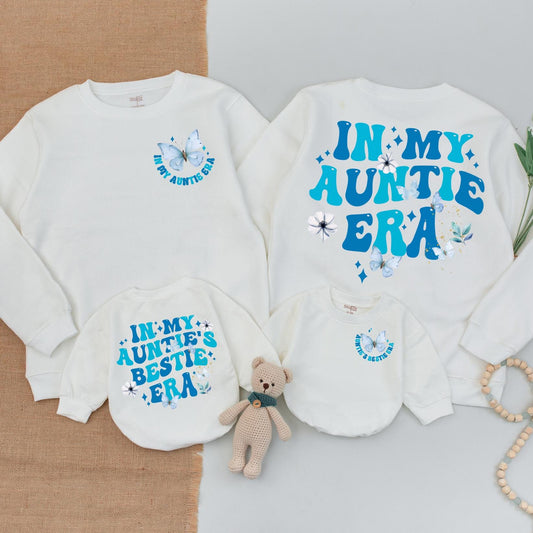In My Auntie Era Butterfly Sweatshirt Auntie Godmother Aunties Bestie Matching Baby Romper Blue Floral Whimsical Playful Gift