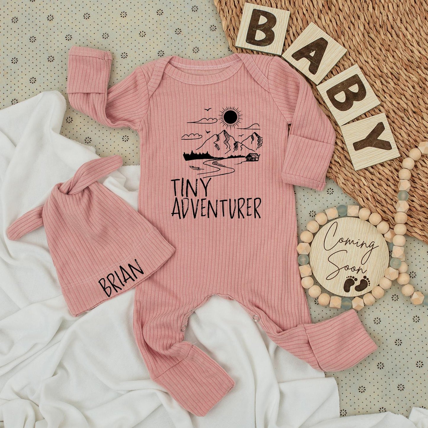 Tiny Adventurer Baby Bodysuit and Hat Set - Nature Print Romper, Camping Outfit, Baby Shower Gift, Mountain Adventure Baby Clothes (138 chars)