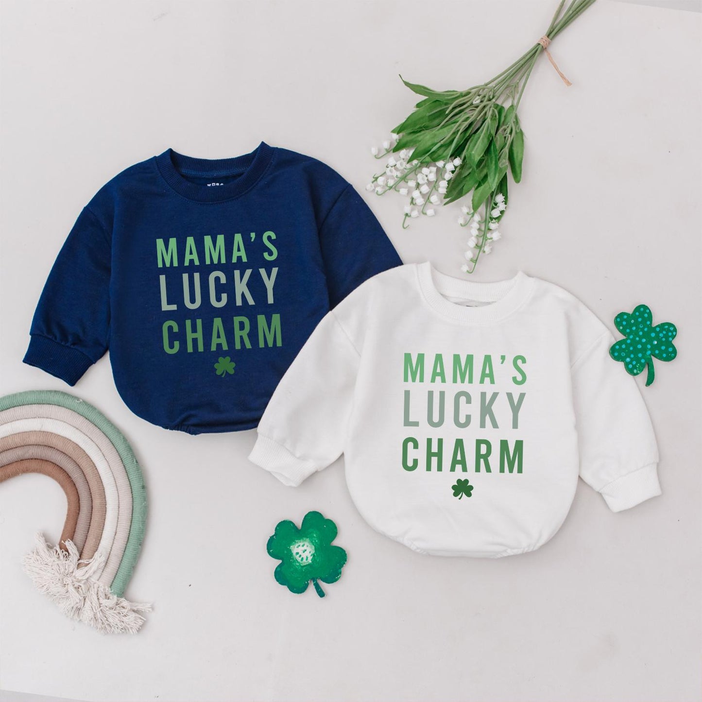 Mama's Lucky Charm Romper St Patrick's Day Baby Bodysuit Green Four Leaf Clover Irish Baby Gift Newborn Outfit