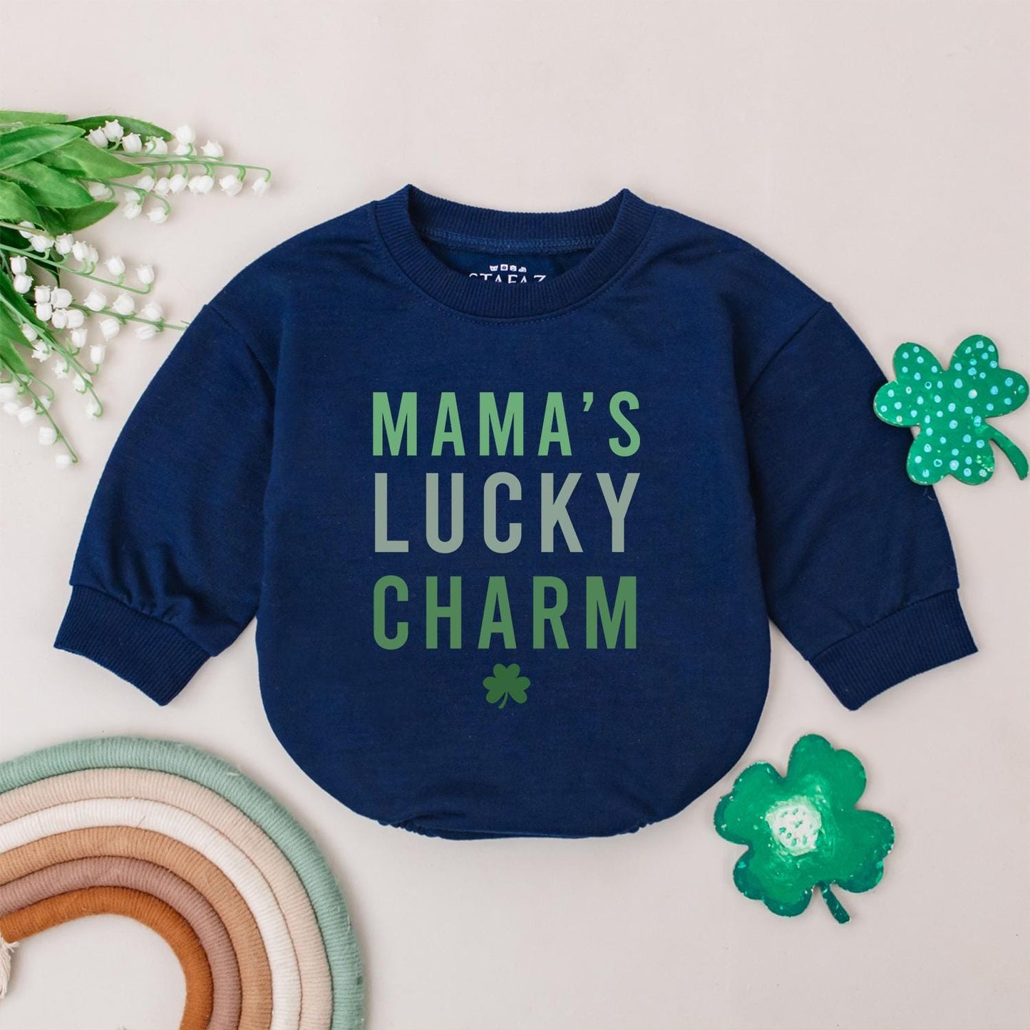 Mama's Lucky Charm Romper St Patrick's Day Baby Bodysuit Green Four Leaf Clover Irish Baby Gift Newborn Outfit