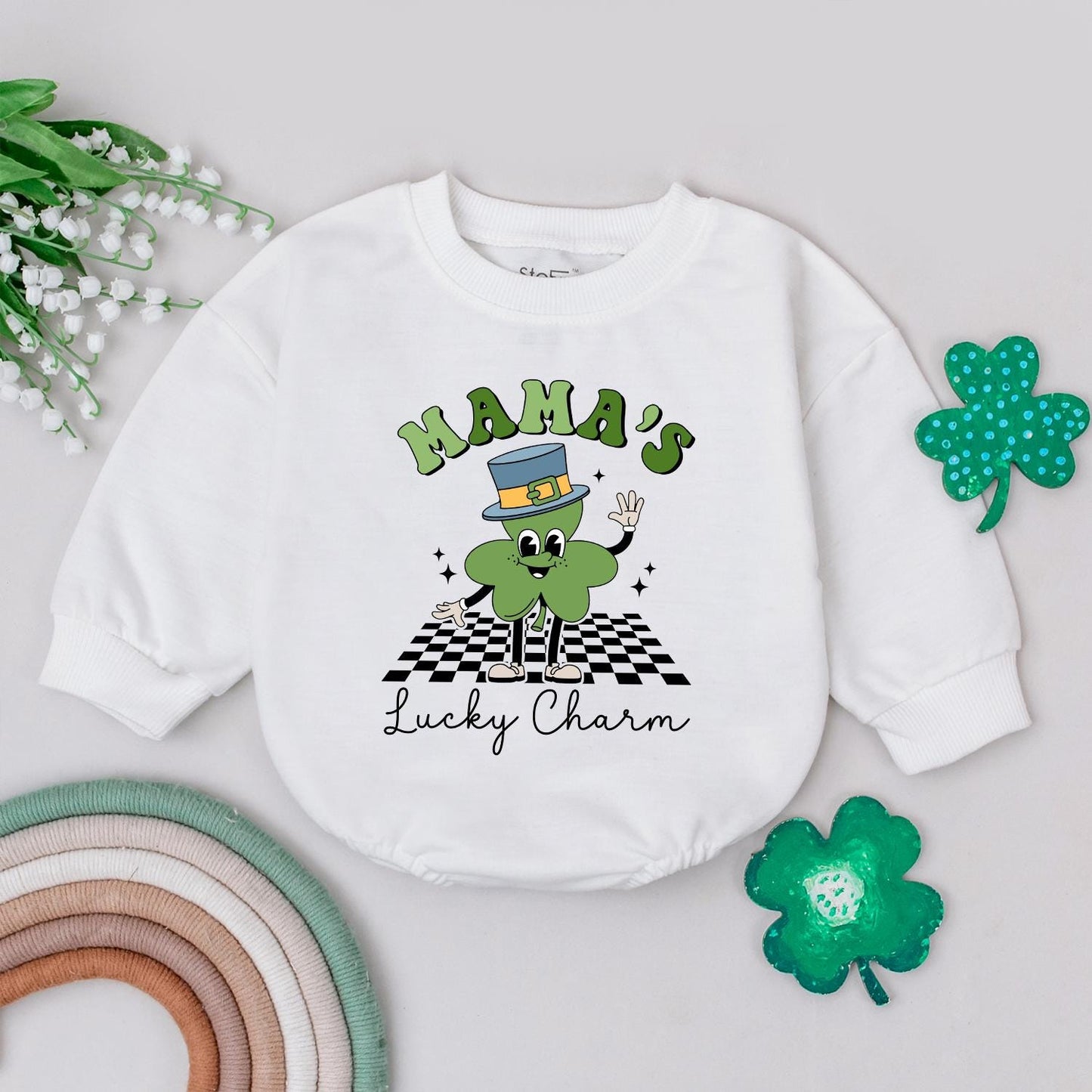 Retro Mama's Lucky Charm Baby Romper St. Patrick's Day Four Leaf Clover Newborn Irish Baby Gift Outfit