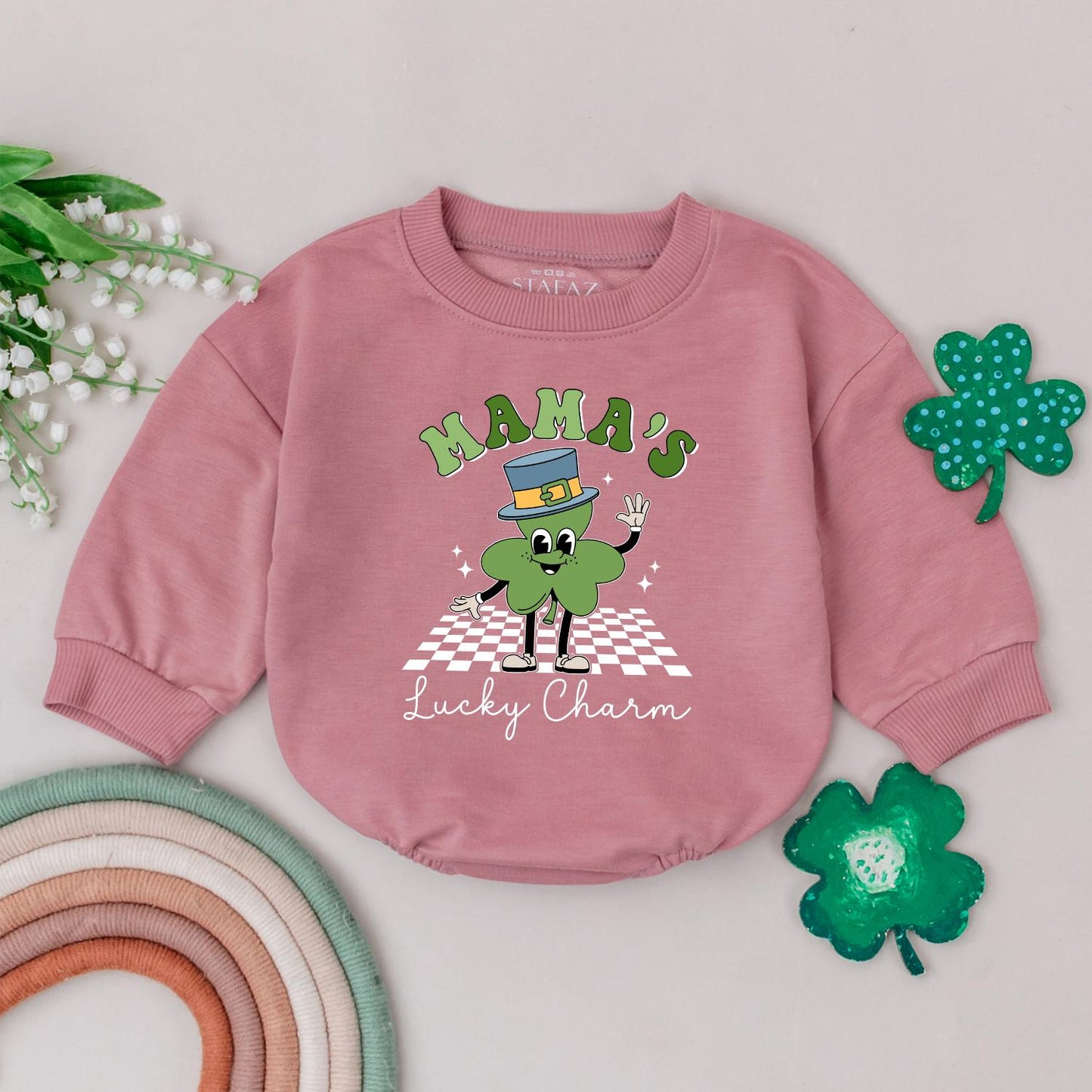 Retro Mama's Lucky Charm Baby Romper St. Patrick's Day Four Leaf Clover Newborn Irish Baby Gift Outfit