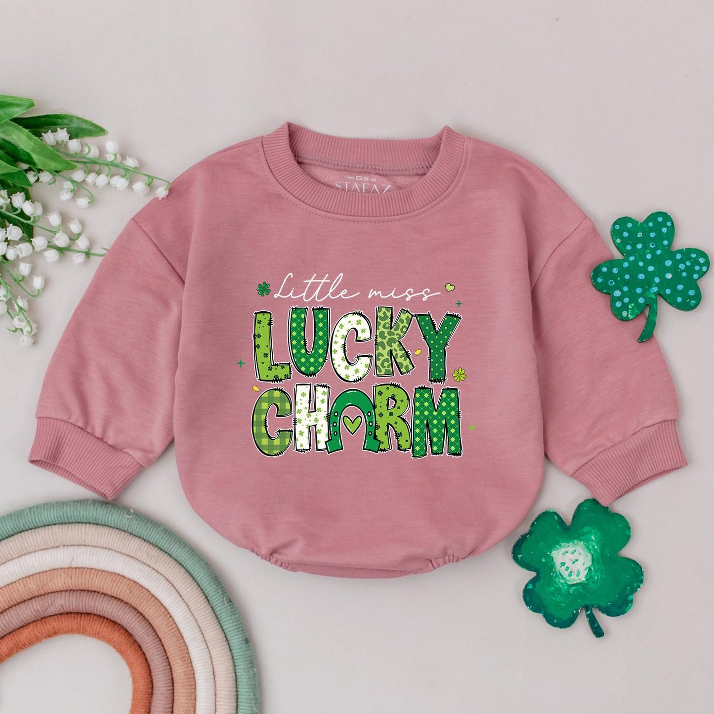Little Miss Lucky Charm Romper, St. Patrick's Day Baby Bodysuit Outfit, Four Leaf Clover Newborn Romper, Irish Baby Gift, Shamrock, Soft Cotton (138 chars)