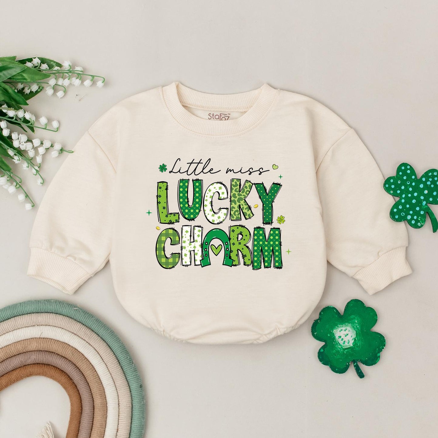 Little Miss Lucky Charm Romper, St. Patrick's Day Baby Bodysuit Outfit, Four Leaf Clover Newborn Romper, Irish Baby Gift, Shamrock, Soft Cotton (138 chars)