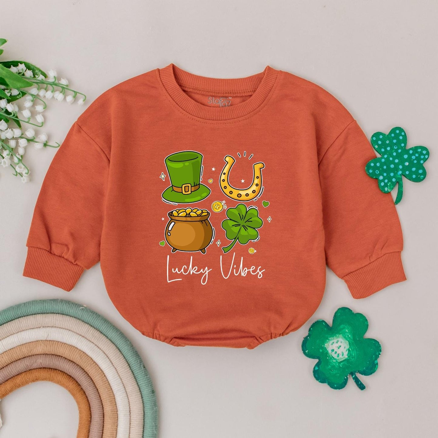 Lucky Vibes Baby Romper St. Patrick's Day Outfit for Baby Boy or Girl, Irish Baby Gift, Four Leaf Clover Newborn Bodysuit, Lucky Baby