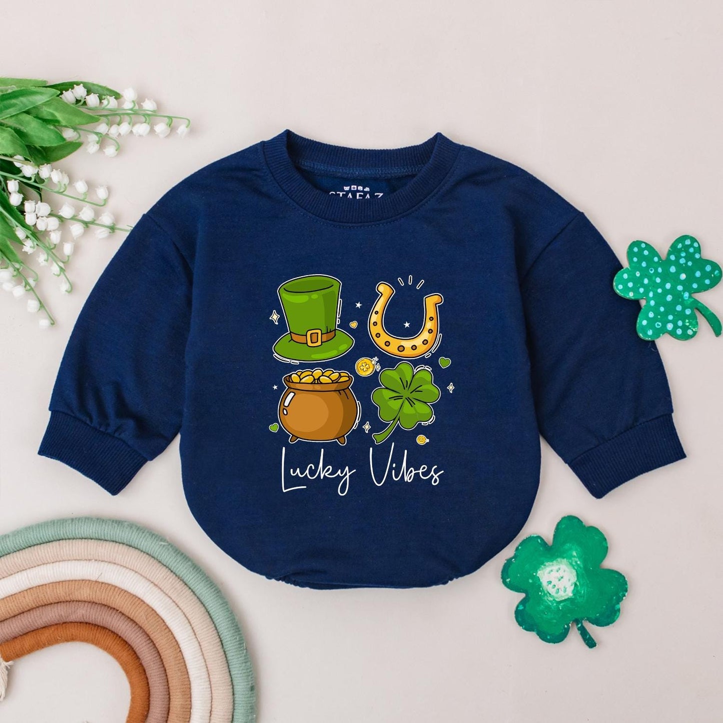 Lucky Vibes Baby Romper St. Patrick's Day Outfit for Baby Boy or Girl, Irish Baby Gift, Four Leaf Clover Newborn Bodysuit, Lucky Baby