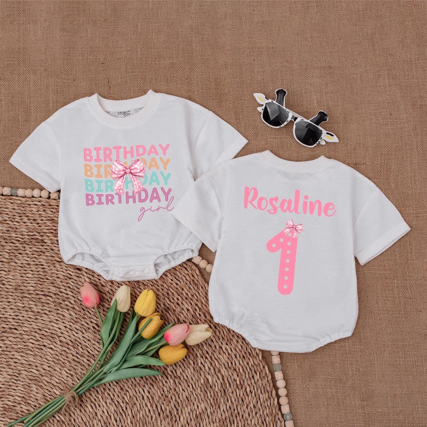 Birthday Girl Romper Pink Bow Baby Bodysuit Adorable 1st Birthday Outfit Girl Gifts Soft Cotton Clothes
