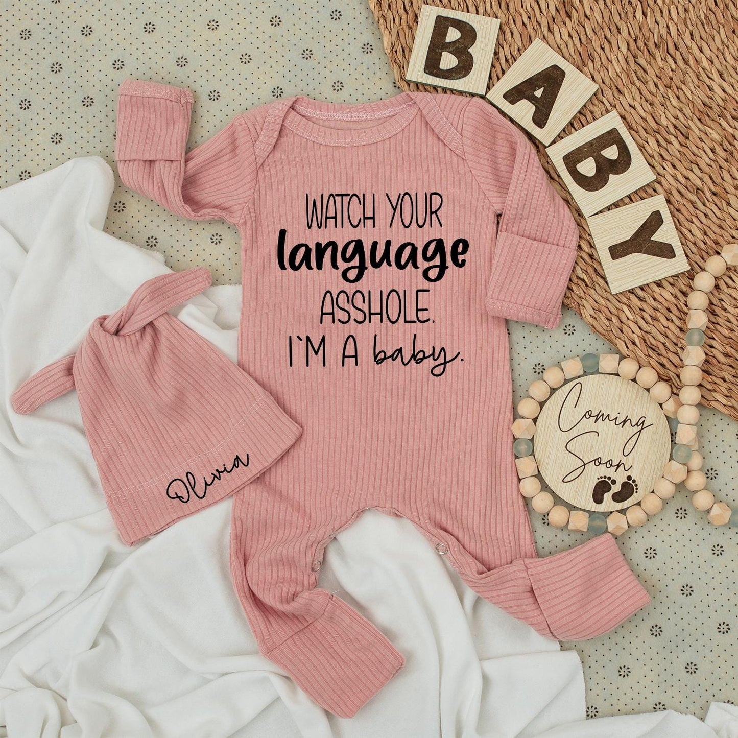Funny "Watch Your Language A**Hole" Baby Bodysuit & Hat Set - Cute Neutral Romper Outfit, Unique Newborn Shower Gift for Baby Boys & Girls (Cotton)