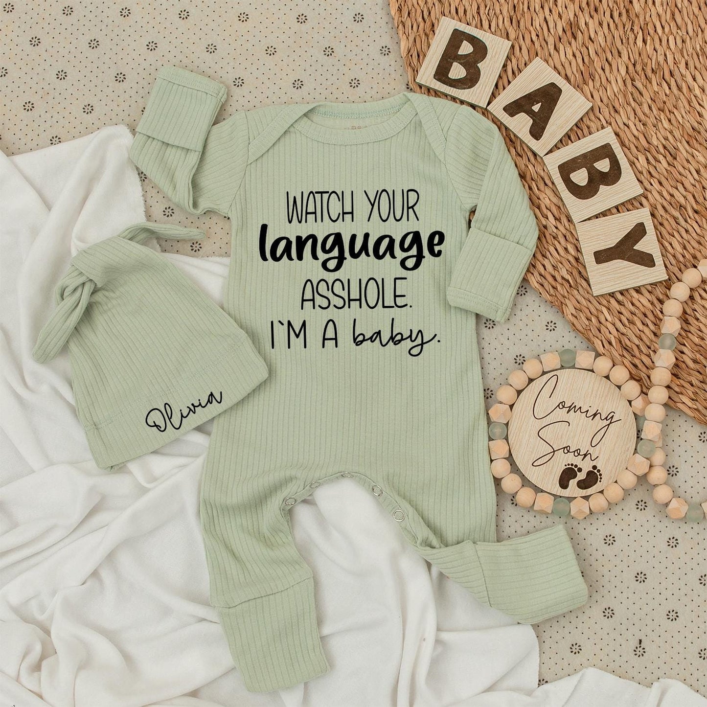 Funny "Watch Your Language A**Hole" Baby Bodysuit & Hat Set - Cute Neutral Romper Outfit, Unique Newborn Shower Gift for Baby Boys & Girls (Cotton)