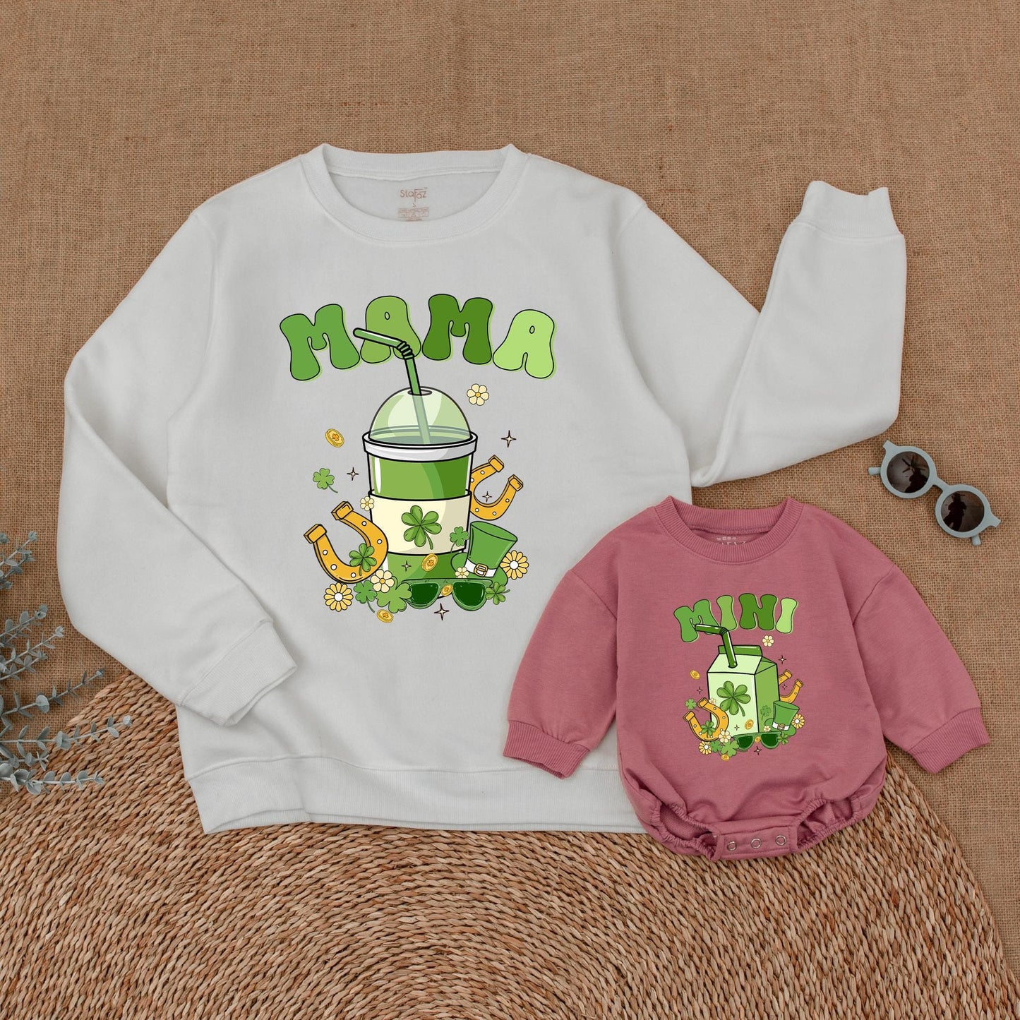 Mama Mini St. Patrick's Day Sweatshirt Family Matching Outfit Clover Mommy and Me Sweater Green