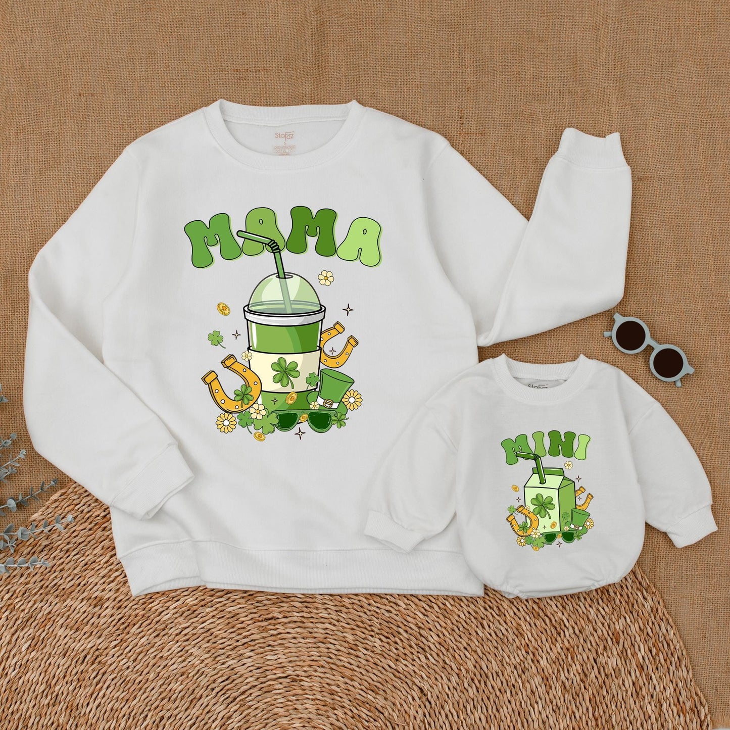 Mama Mini St. Patrick's Day Sweatshirt Family Matching Outfit Clover Mommy and Me Sweater Green