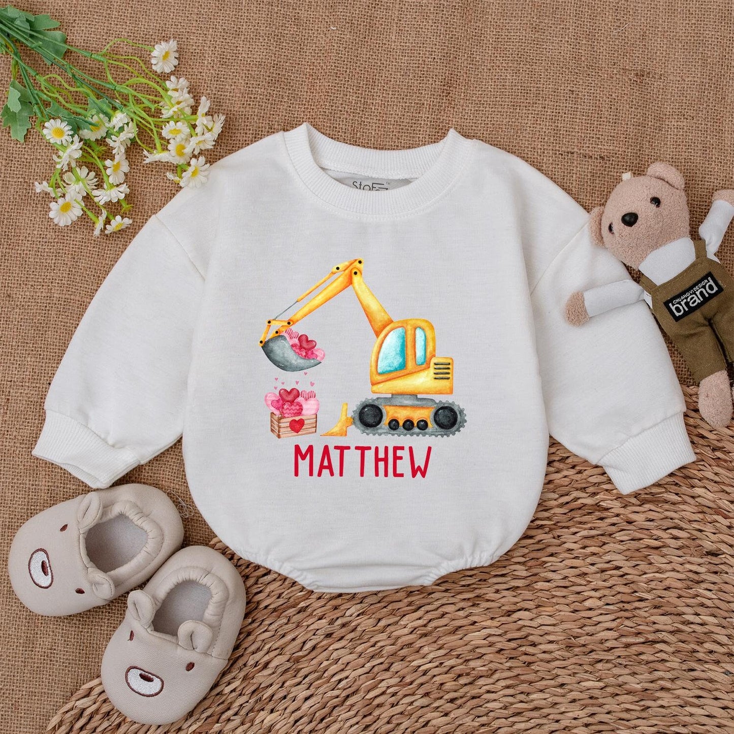 Retro Valentine Excavator Baby Romper - Custom Name, Boy's Retro Valentine's Day Gift, Newborn Outfit, Baby Shower