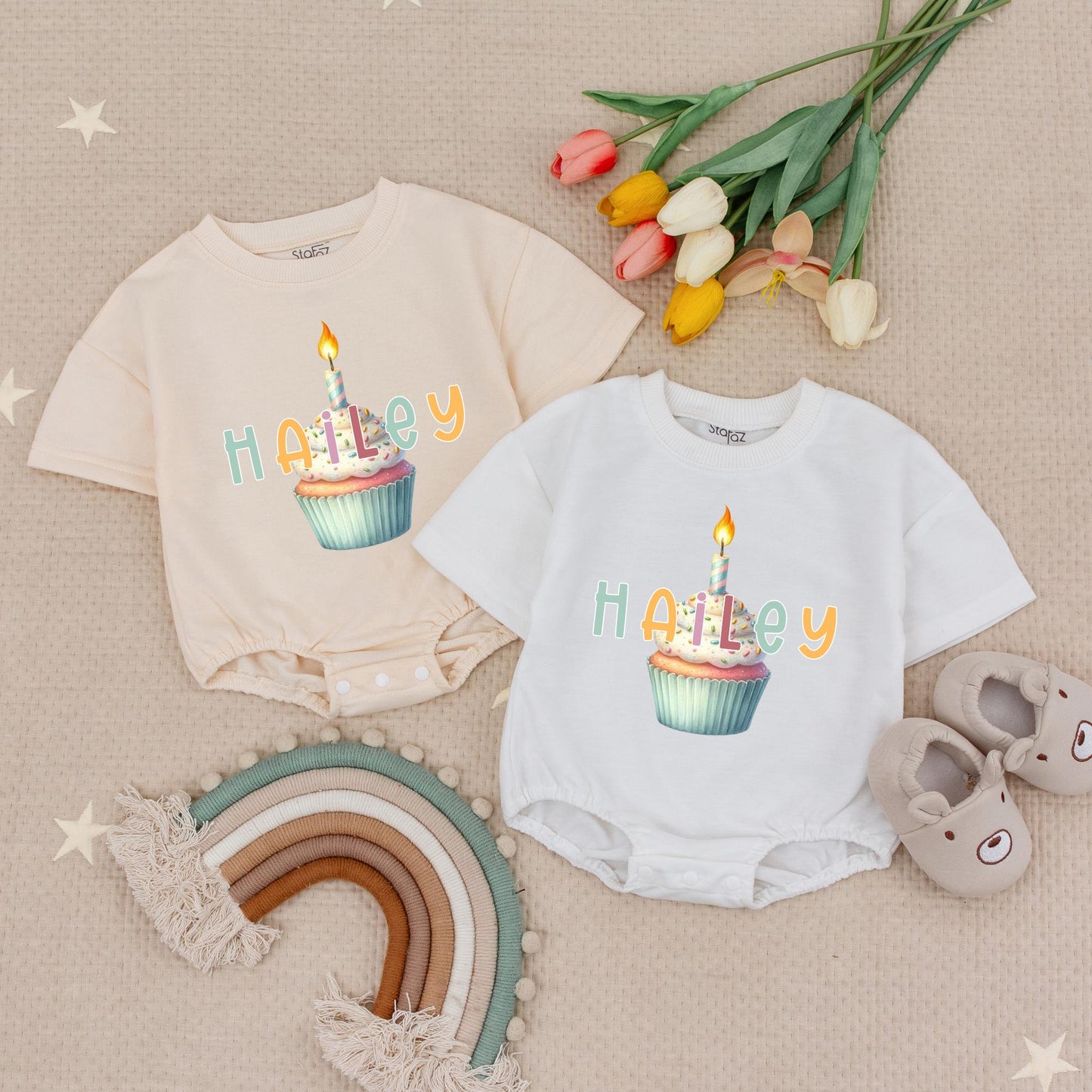 Hailey Personalized Birthday Cupcake Romper Baby Girl's 1st Birthday Outfit with Candle Design, Pastel Colors, Short Sleeve Bubble Romper