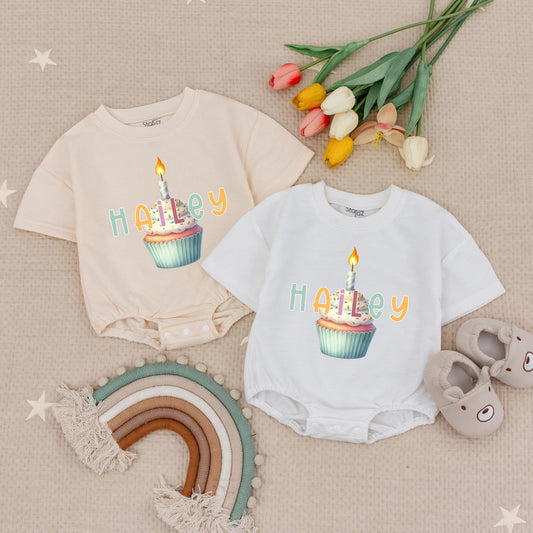 Hailey Personalized Birthday Cupcake Romper Baby Girl's 1st Birthday Outfit with Candle Design, Pastel Colors, Short Sleeve Bubble Romper