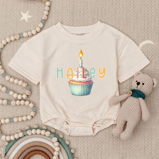 Hailey Personalized Birthday Cupcake Romper Baby Girl's 1st Birthday Outfit with Candle Design, Pastel Colors, Short Sleeve Bubble Romper