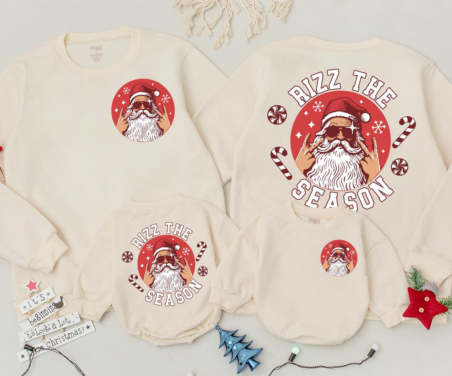Rizz the Season Retro Santa Sweatshirt Toddler Romper, Rock On Xmas Outfit, Cool Christmas Baby Clothes Gift, Fun Holiday Sweater 2 Sided Design