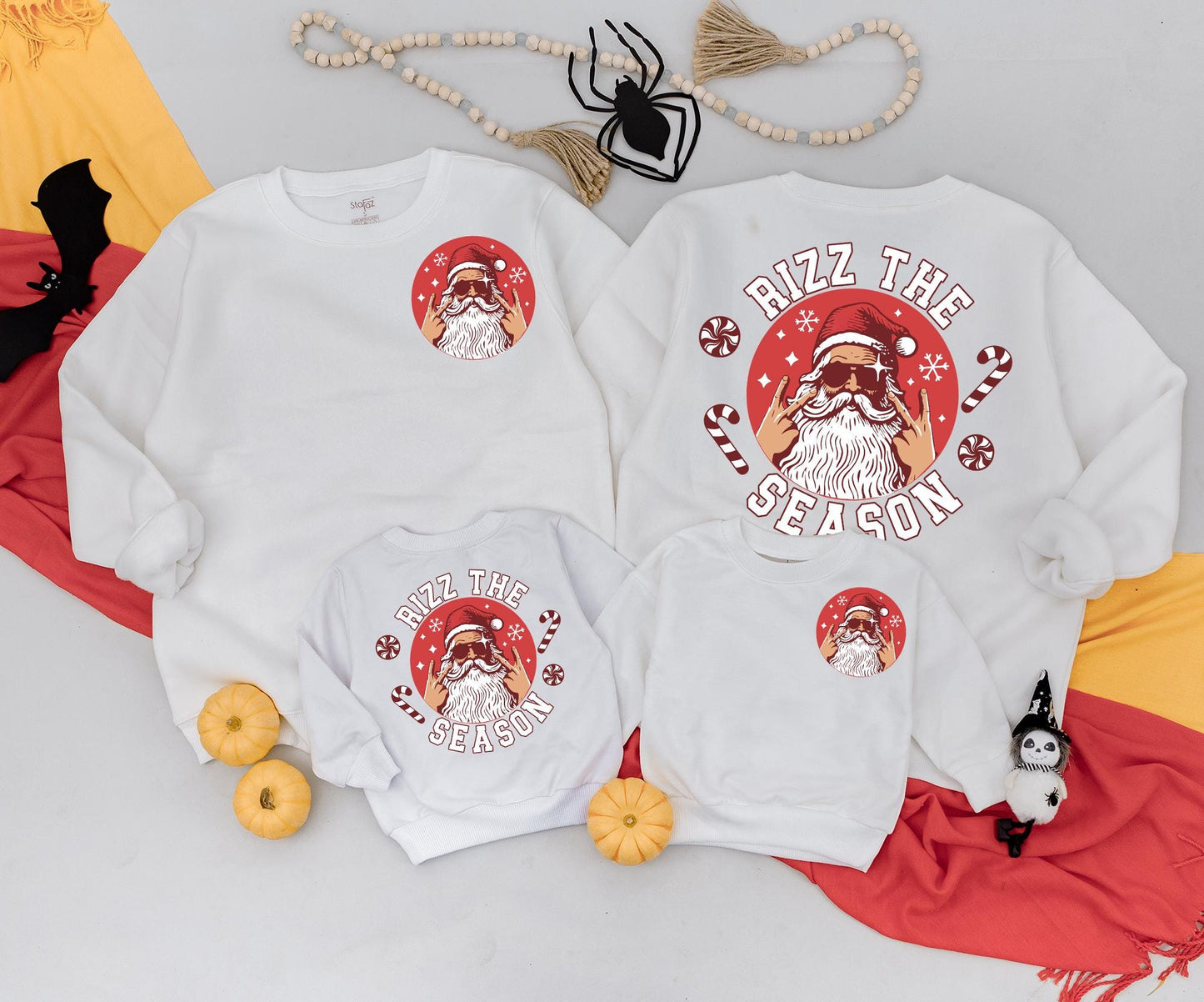 Rizz the Season Retro Santa Sweatshirt Toddler Romper, Rock On Xmas Outfit, Cool Christmas Baby Clothes Gift, Fun Holiday Sweater 2 Sided Design