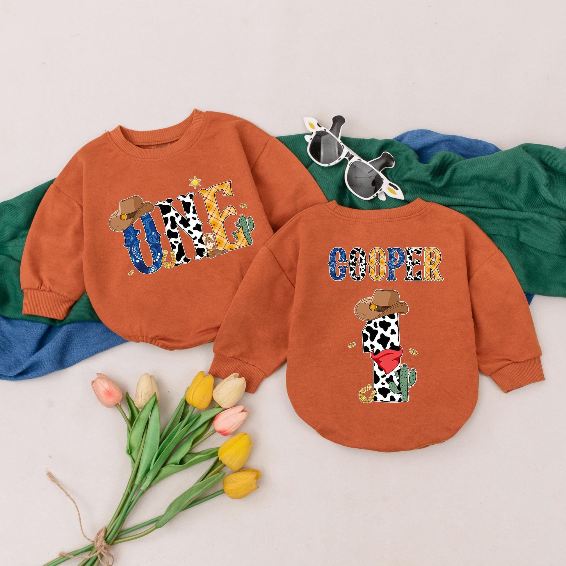 Personalized Western Cowboy 1st Birthday Romper for Baby Boy, Cow Print & Plaid Design, Wild One Outfit, Custom Cooper Name & 1st Rodeo