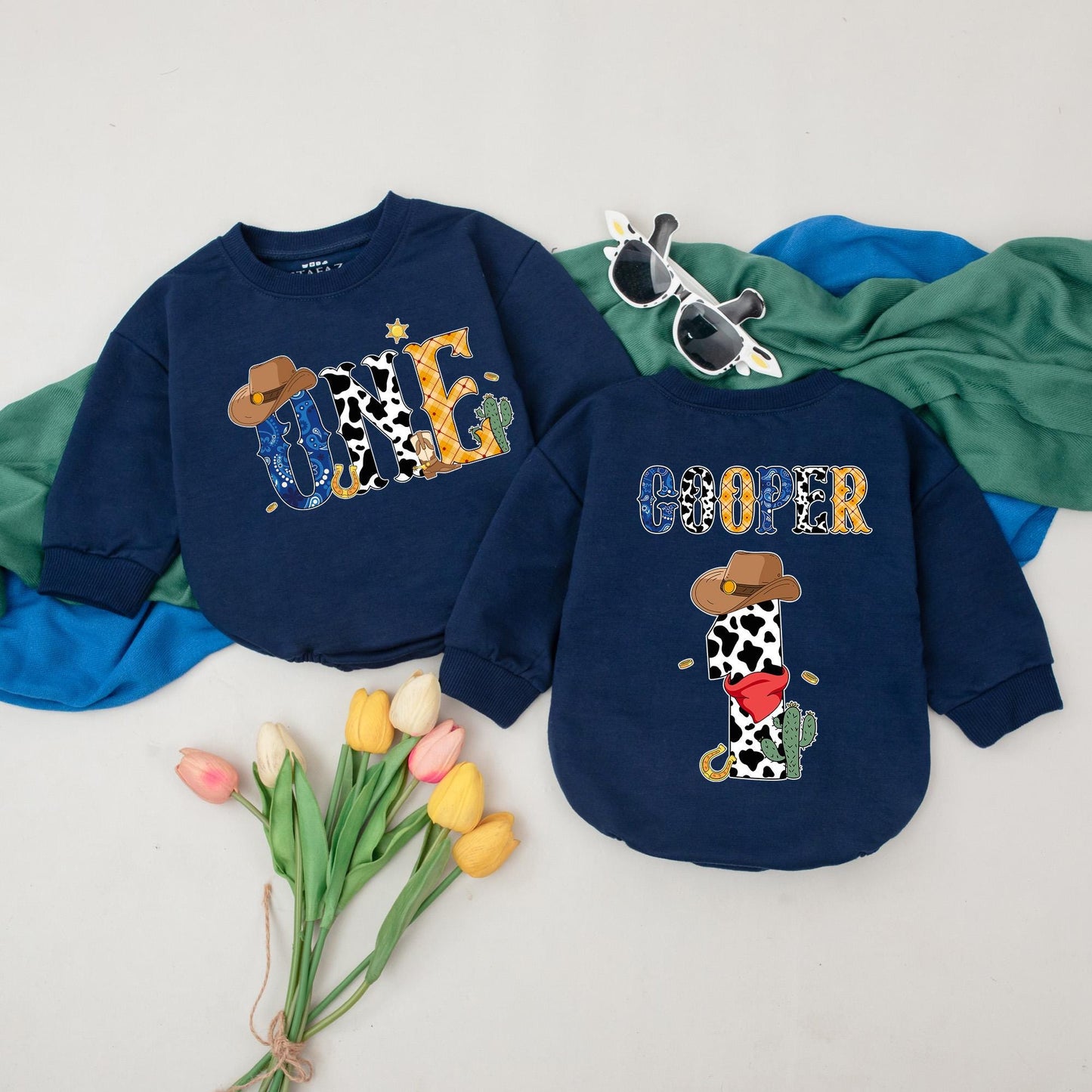 Personalized Western Cowboy 1st Birthday Romper for Baby Boy, Cow Print & Plaid Design, Wild One Outfit, Custom Cooper Name & 1st Rodeo