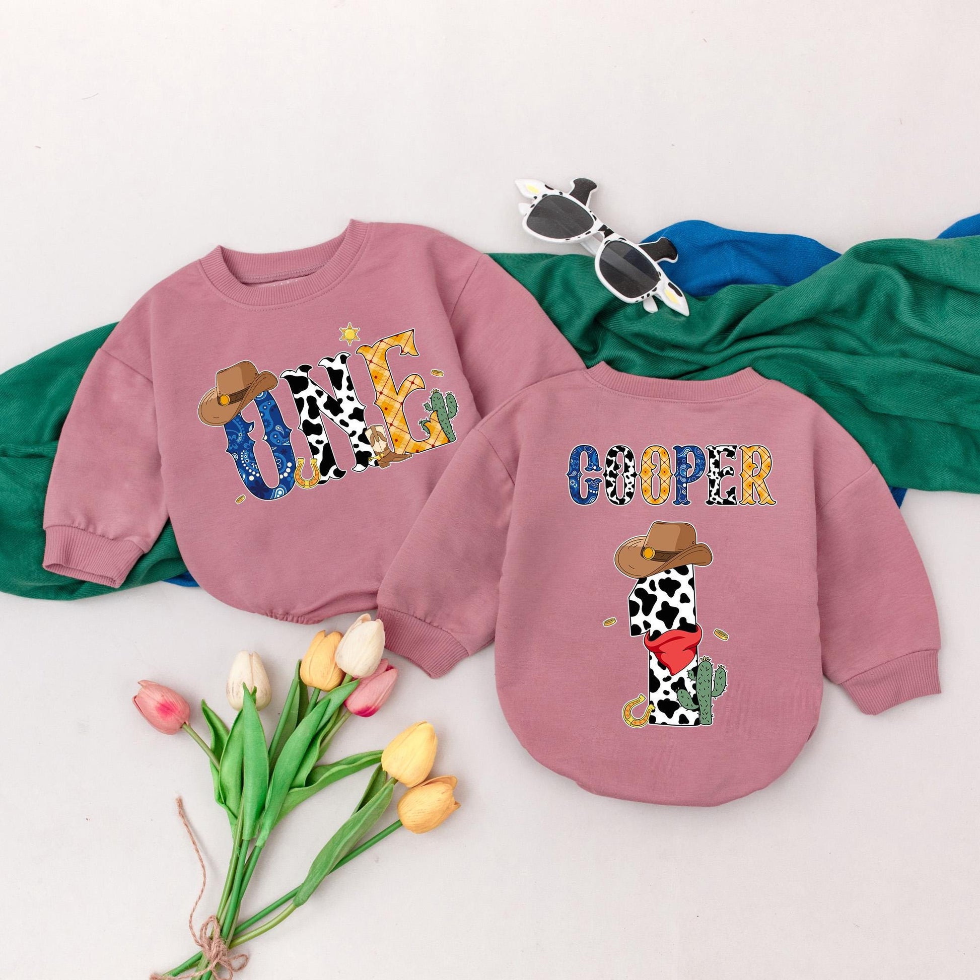 Personalized Western Cowboy 1st Birthday Romper for Baby Boy, Cow Print & Plaid Design, Wild One Outfit, Custom Cooper Name & 1st Rodeo