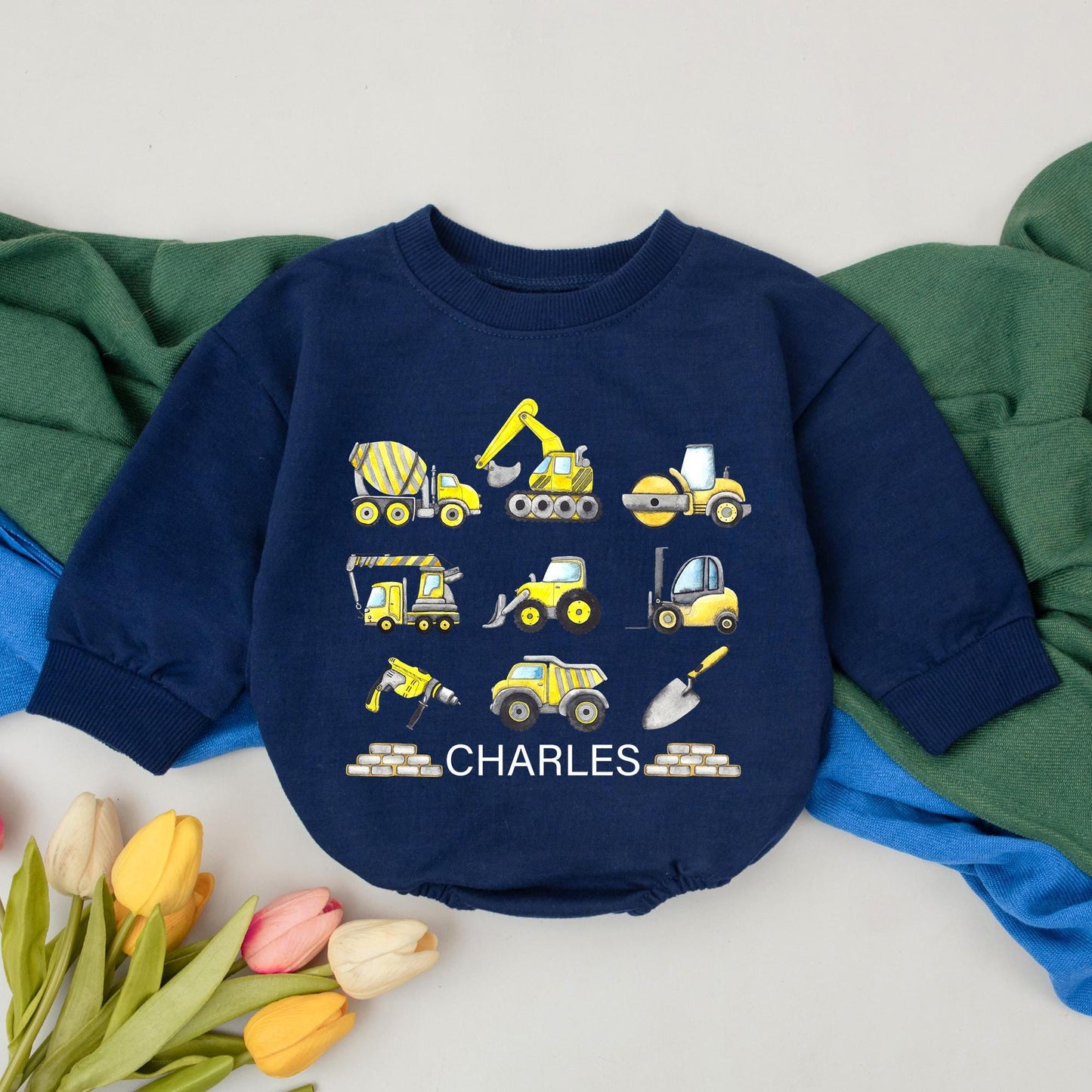 Personalized Construction Baby Romper - Excavator Dump Truck Design for Newborn Boys, Custom Infant Birthday Outfit, Baby Shower Gift