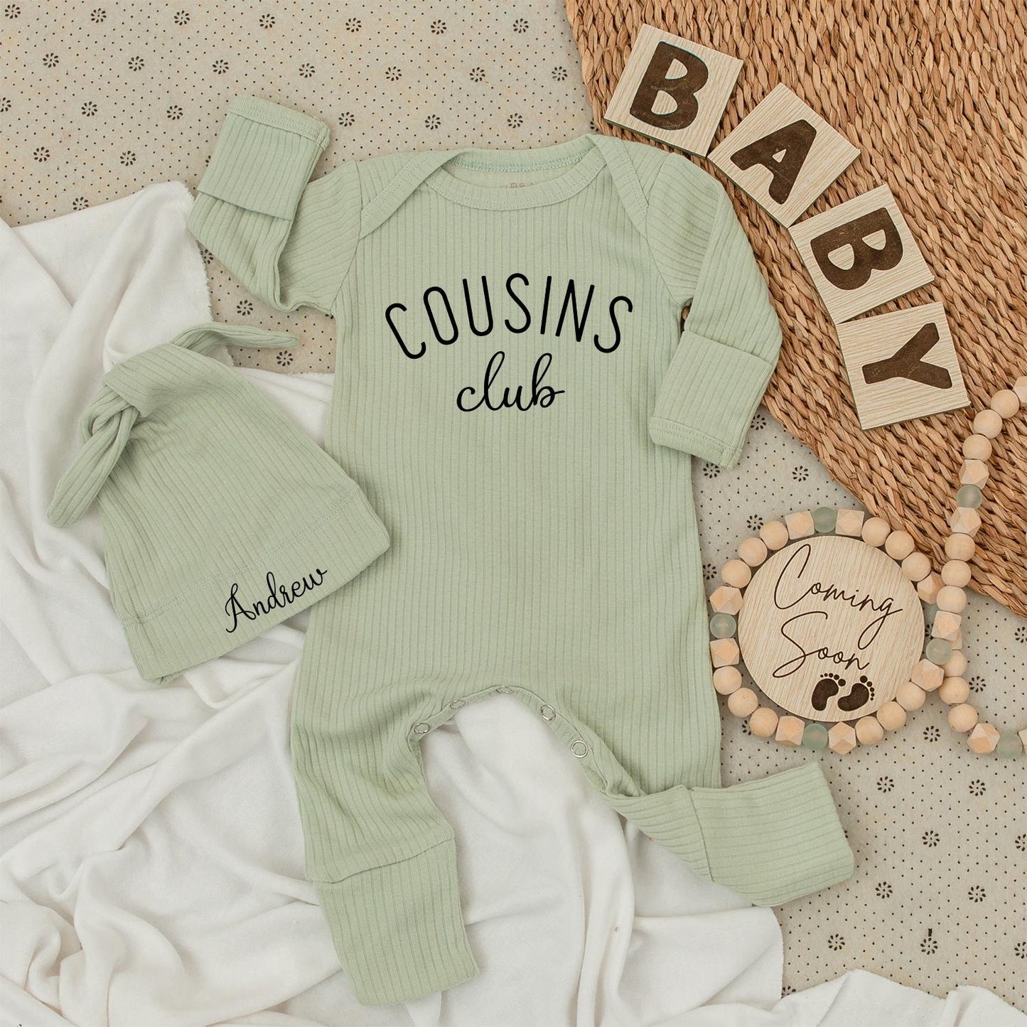 Personalized Cousins Club Baby Bodysuit Set Name Hat Newborn Outfit Modern Black Artwork Clean Minimalist Design Cousin Crew Welcome Gift