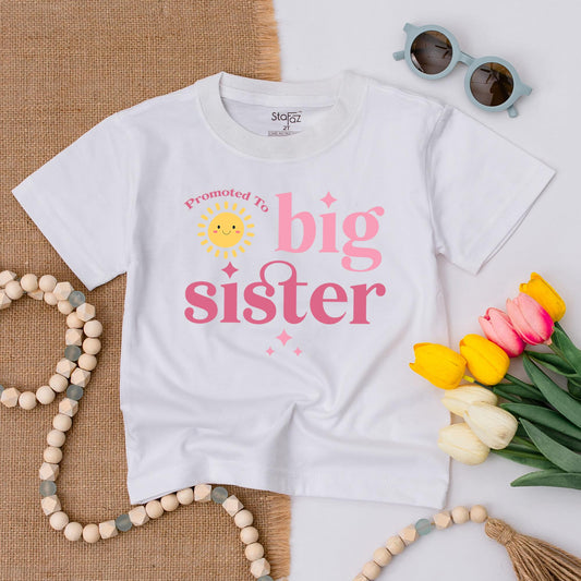 Promoted To Big Sister Toddler T-Shirt Smiling Sun Graphic White Letters Starbursts Cute Announcement Baby Gift