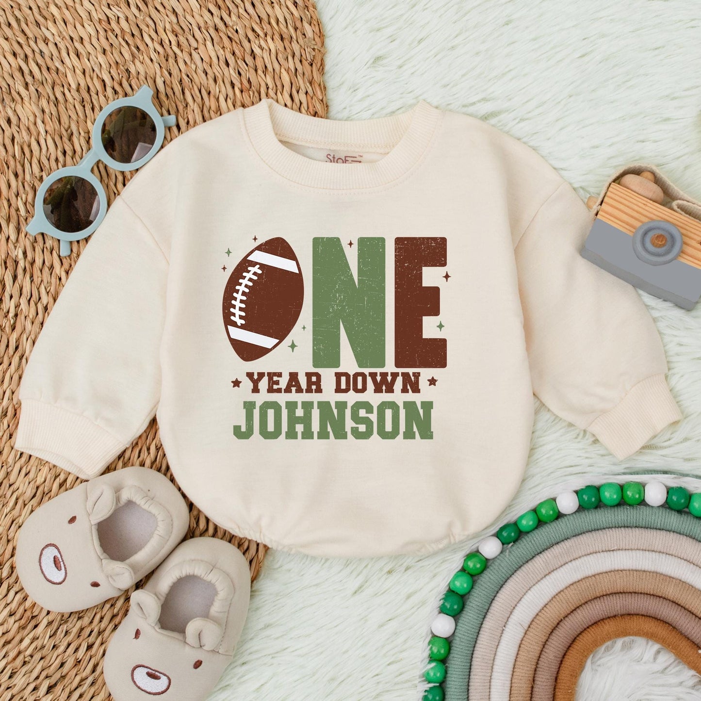 Football First Birthday Baby Bubble Romper - Personalized One Year Down Football Outfit for Baby Boy - Football 1st Birthday Theme