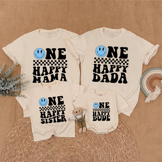 Matching One Happy Dude Birthday Shirt, Retro Smiley Face Boy Outfit, Family Matching Birthday Shirts, Cool Dude Cotton, 1st Birthday Party