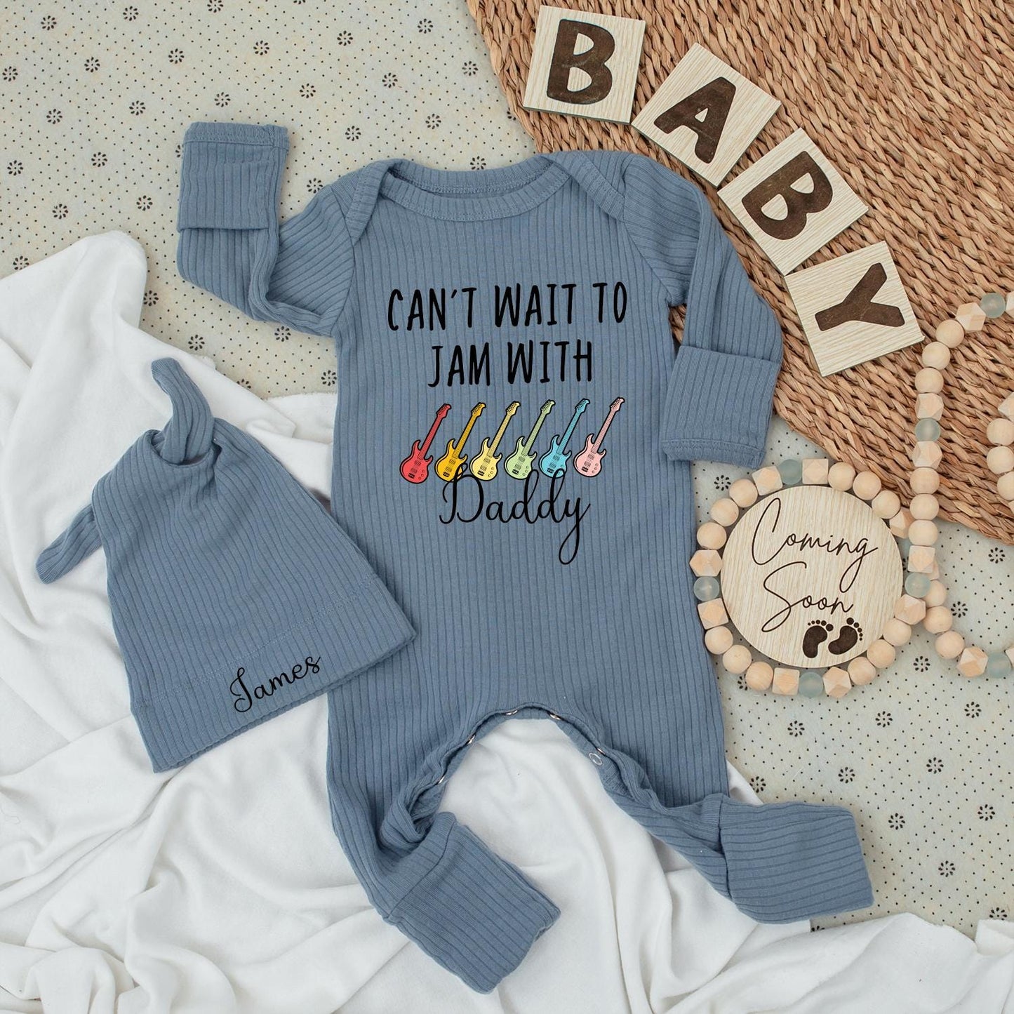 Can't Wait to Jam With Daddy Baby Bodysuit & Guitar Hat Set Cute Music Lover Outfit 0-24 Months Fun Family Gift