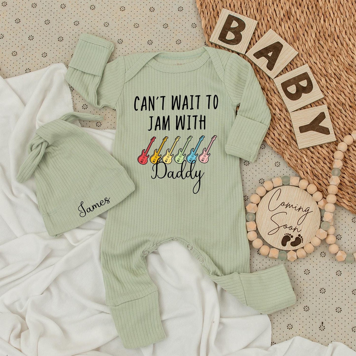 Can't Wait to Jam With Daddy Baby Bodysuit & Guitar Hat Set Cute Music Lover Outfit 0-24 Months Fun Family Gift