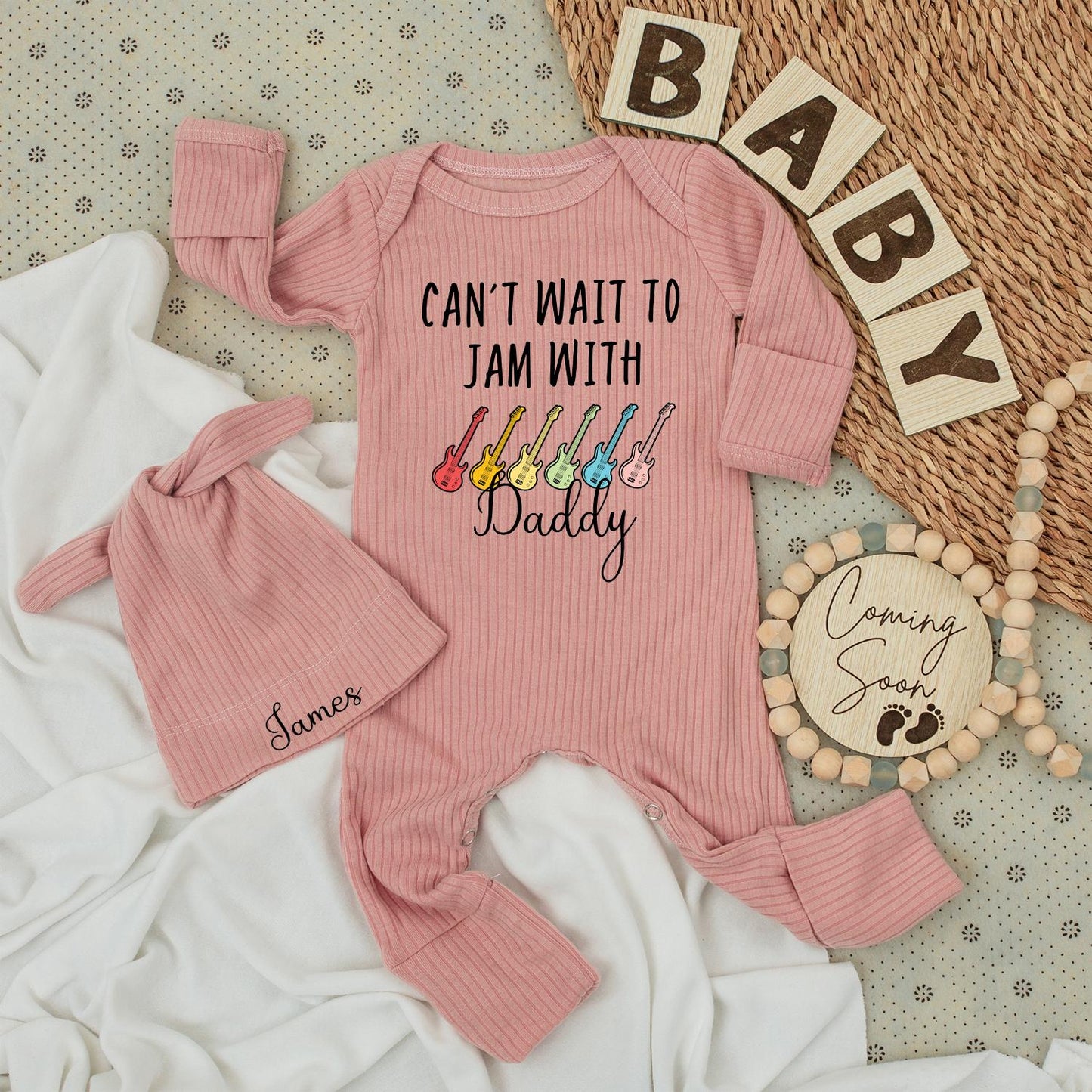 Can't Wait to Jam With Daddy Baby Bodysuit & Guitar Hat Set Cute Music Lover Outfit 0-24 Months Fun Family Gift