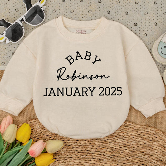 Baby Robinson January 2025 Announcement Romper Custom Newborn Outfit Grandparents Family Surprise Coming Soon Infant