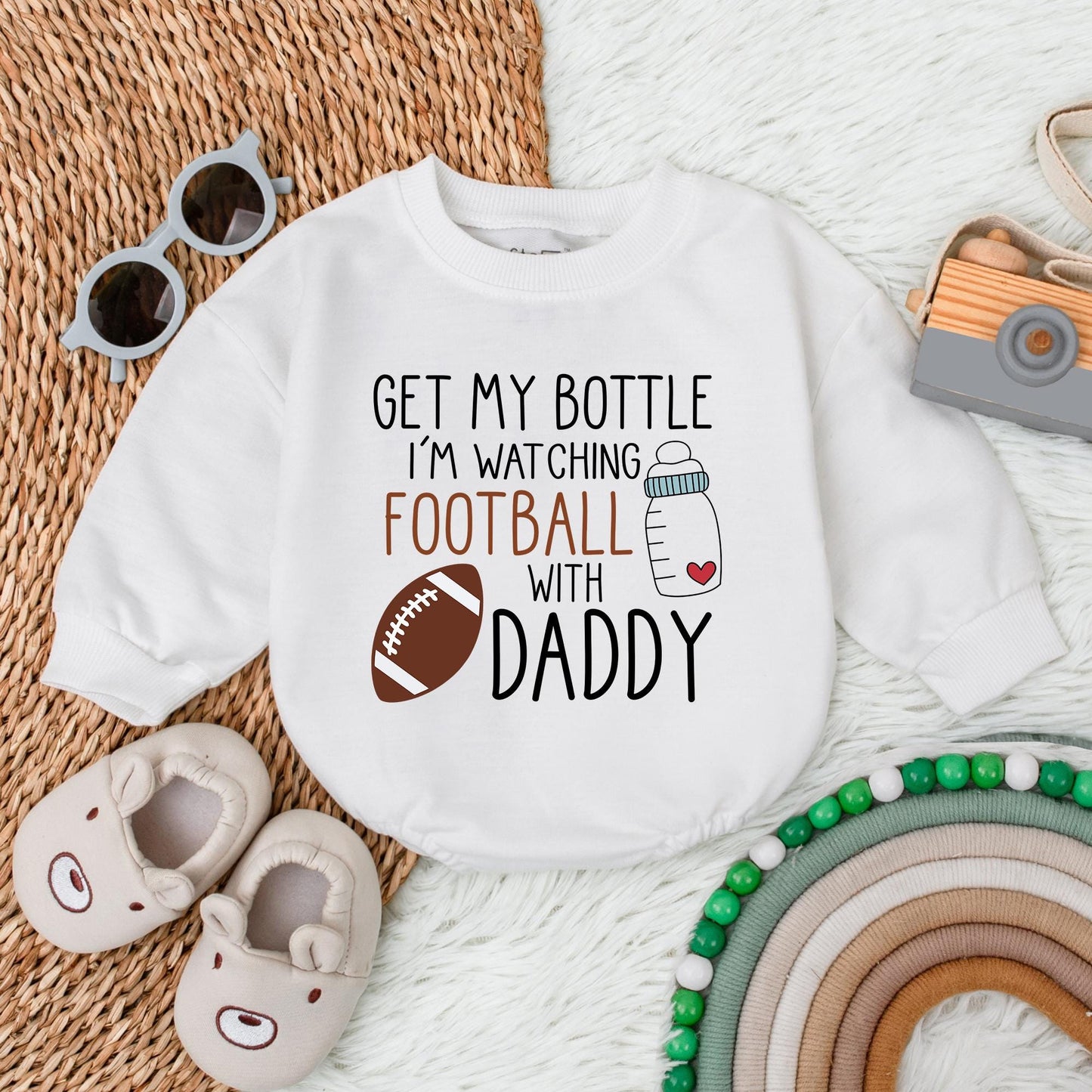 Get My Bottle I'm Watching Football with Daddy First Birthday Baby Bubble Romper Game Day Football Theme Outfit Soft Cotton Infant Apparel
