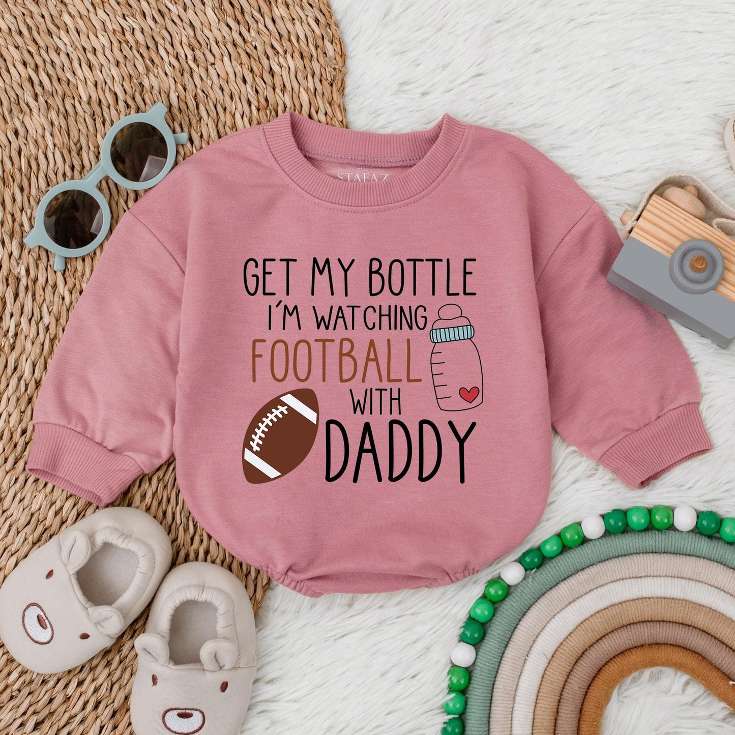 Get My Bottle I'm Watching Football with Daddy First Birthday Baby Bubble Romper Game Day Football Theme Outfit Soft Cotton Infant Apparel