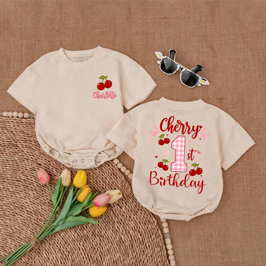 Personalized Cherry First Birthday Girl Bubble Romper, Sweet One Outfit Baby Bodysuit, Baby Shower Gift for 1st Birthday