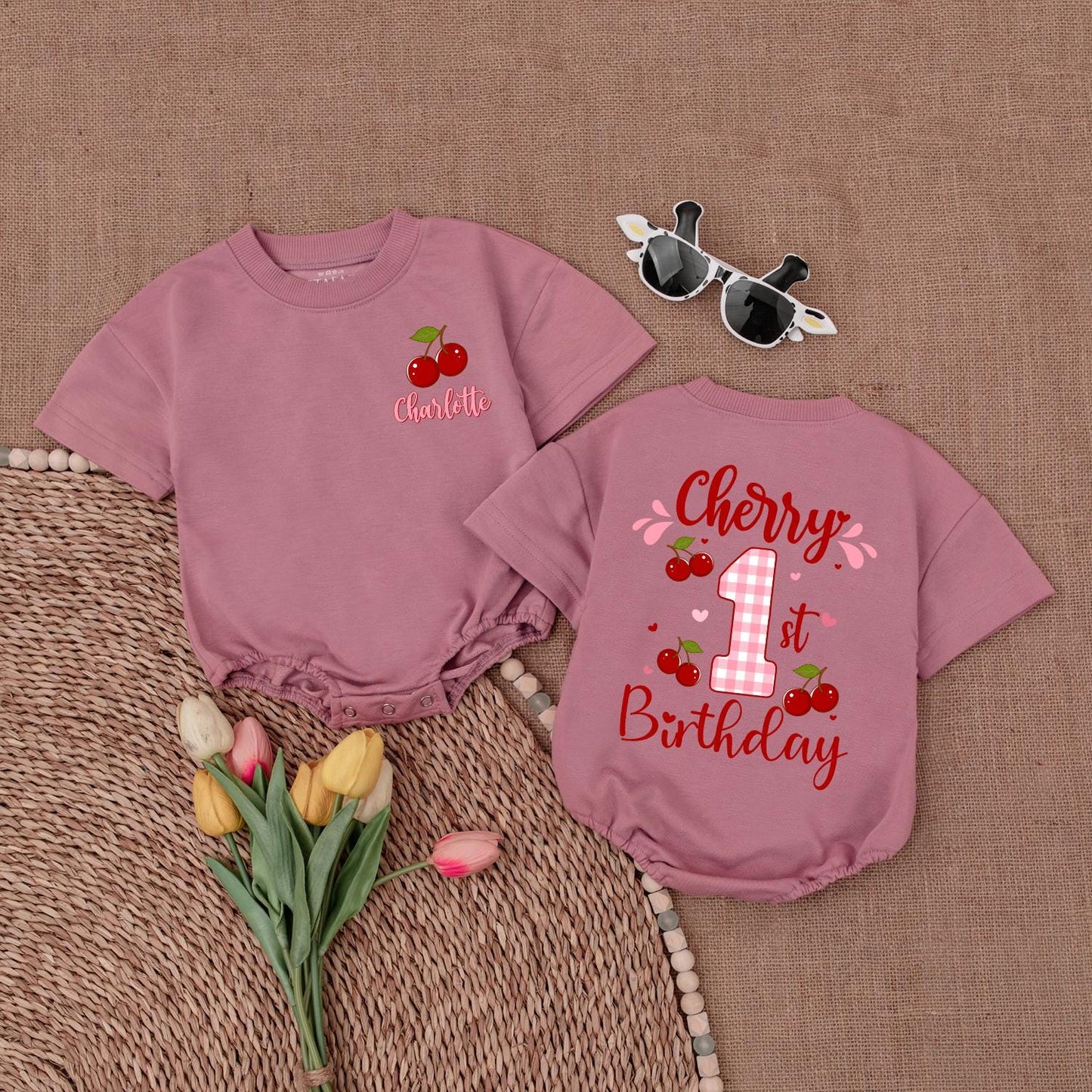 Personalized Cherry First Birthday Girl Bubble Romper, Sweet One Outfit Baby Bodysuit, Baby Shower Gift for 1st Birthday