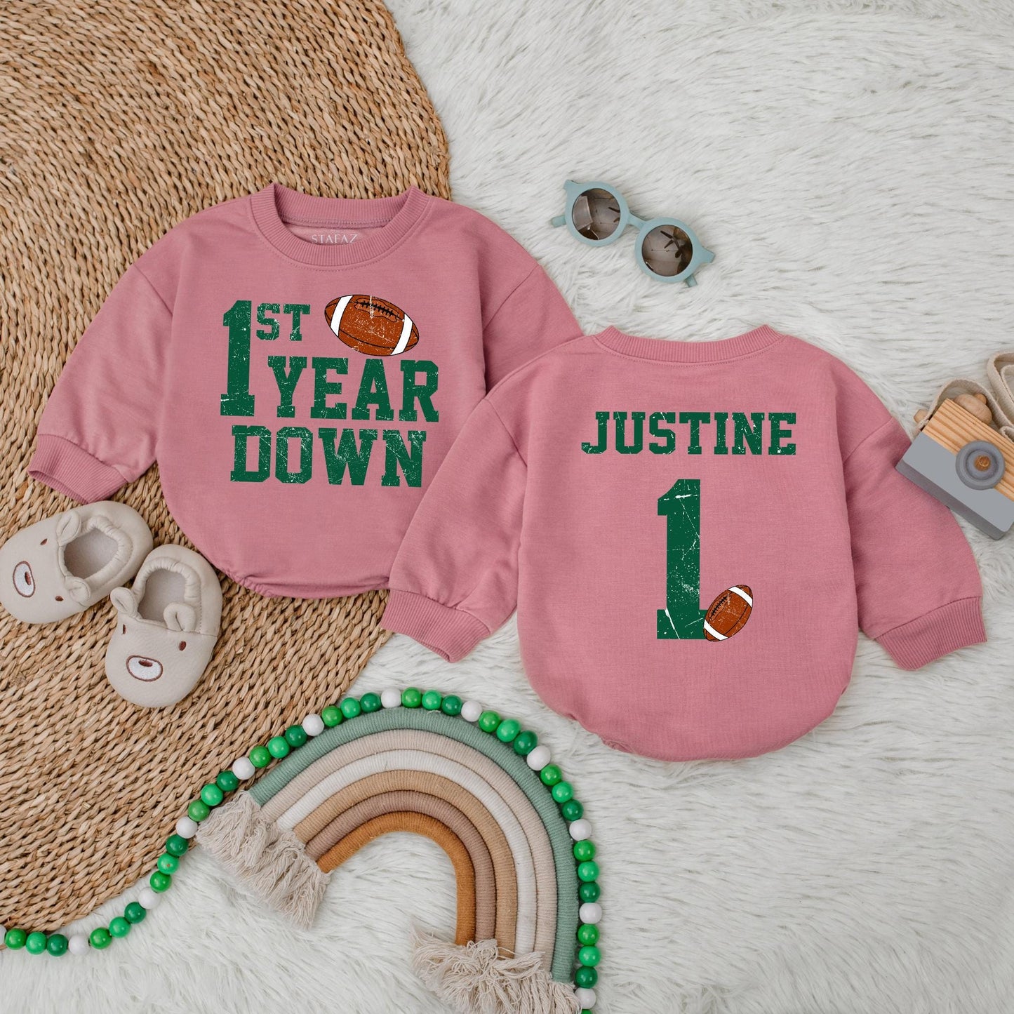 Personalized Football 1st Birthday Bubble Romper Touchdown One First Year Down Soft Cotton Baby Boy Bodysuit Outfit