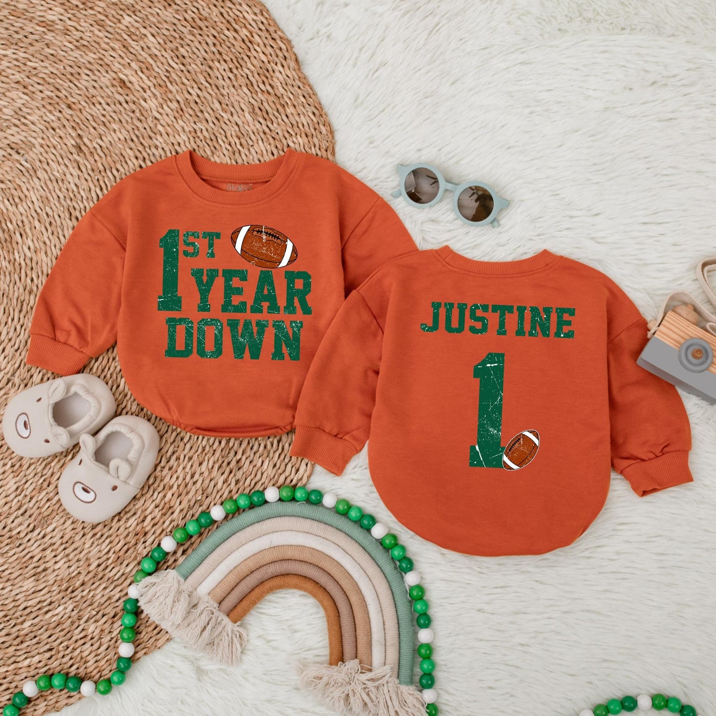 Personalized Football 1st Birthday Bubble Romper Touchdown One First Year Down Soft Cotton Baby Boy Bodysuit Outfit